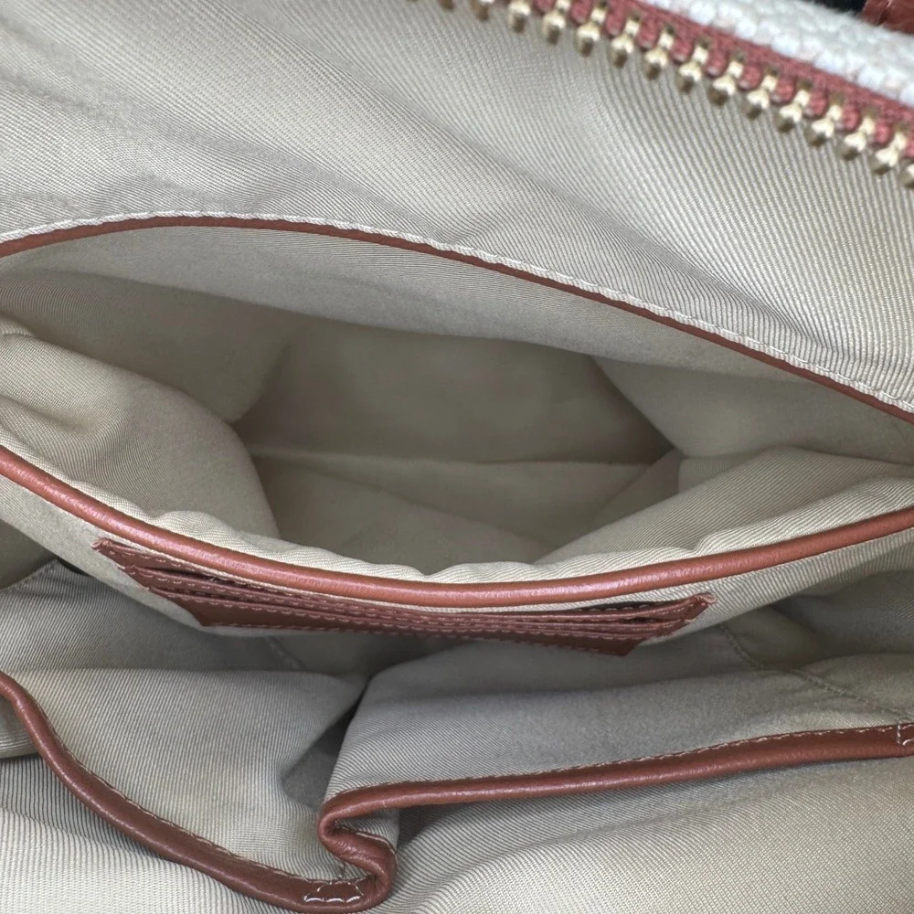 Lodis Pippa Backpack Cream Jute Cotton Tan Leather Trim Zip Top Bat